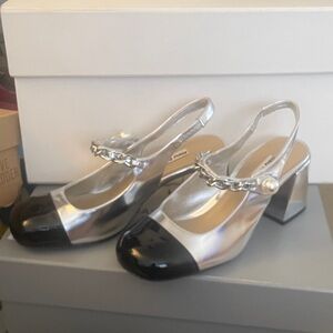 Miu Miu Silver and Black Chain Heels Pearl Accent